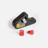 Black Easy-Laser D92 device with buttons, labels, and two red plastic accessories.