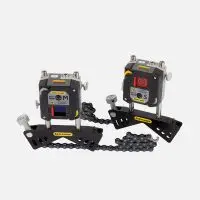 Easy-Laser XT770 alignment tool with metal brackets and chains on white background.