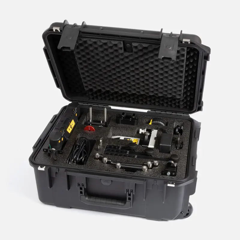 Rugged black carrying case with foam padding holding Easy-Laser XT950 system.