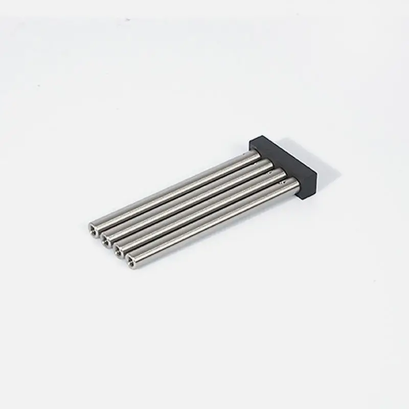 Four stainless steel rods on black base against white background.