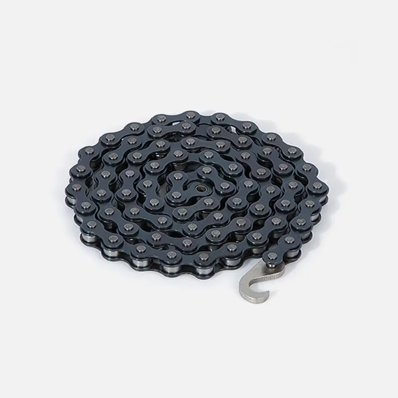 Coiled metal chain with a hook on a white background.