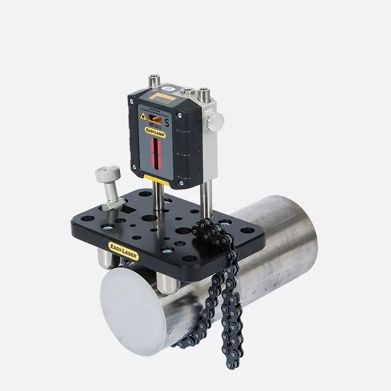 Easy-Laser alignment tool with black mounting plate and chain on metal shaft.