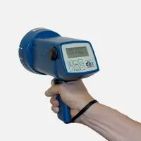 Hand holding blue digital stroboscope displaying "200001" with control buttons.