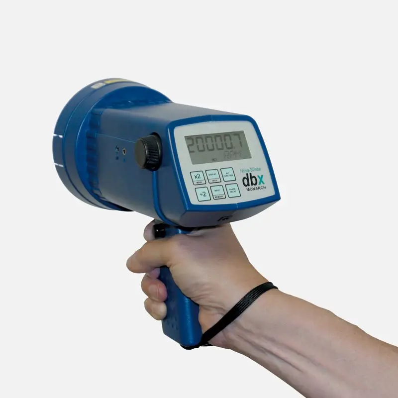 Hand holding blue digital stroboscope displaying "200001" with control buttons.