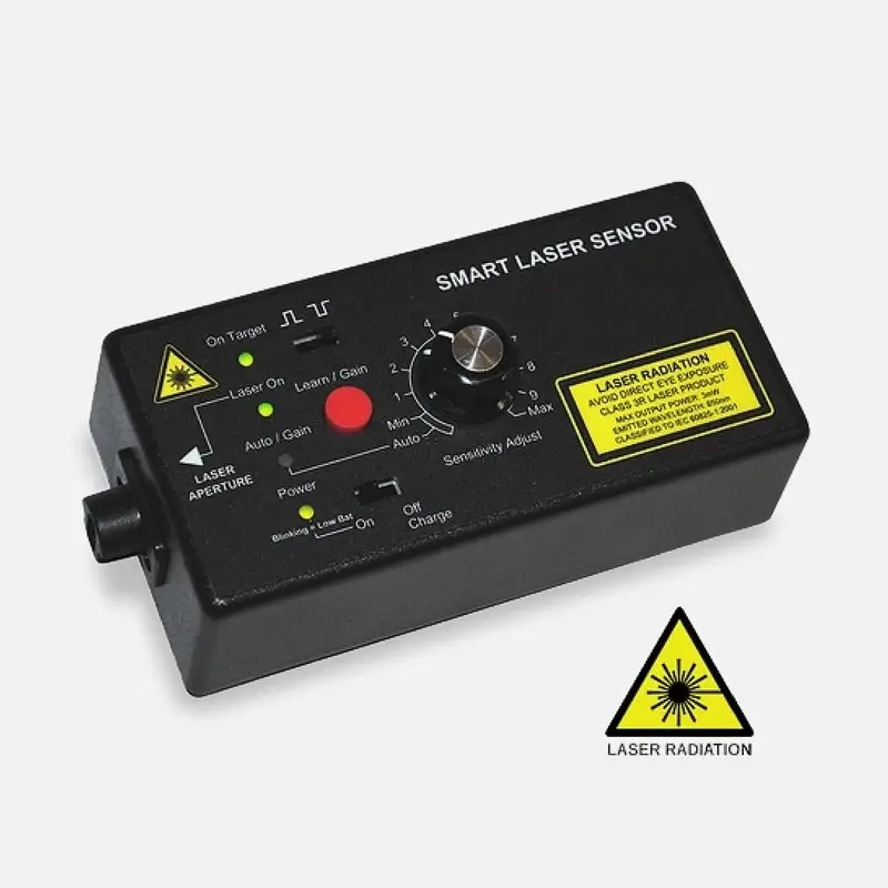 Black smart laser sensor with sensitivity dial, LED indicators, switches, and laser warning label.