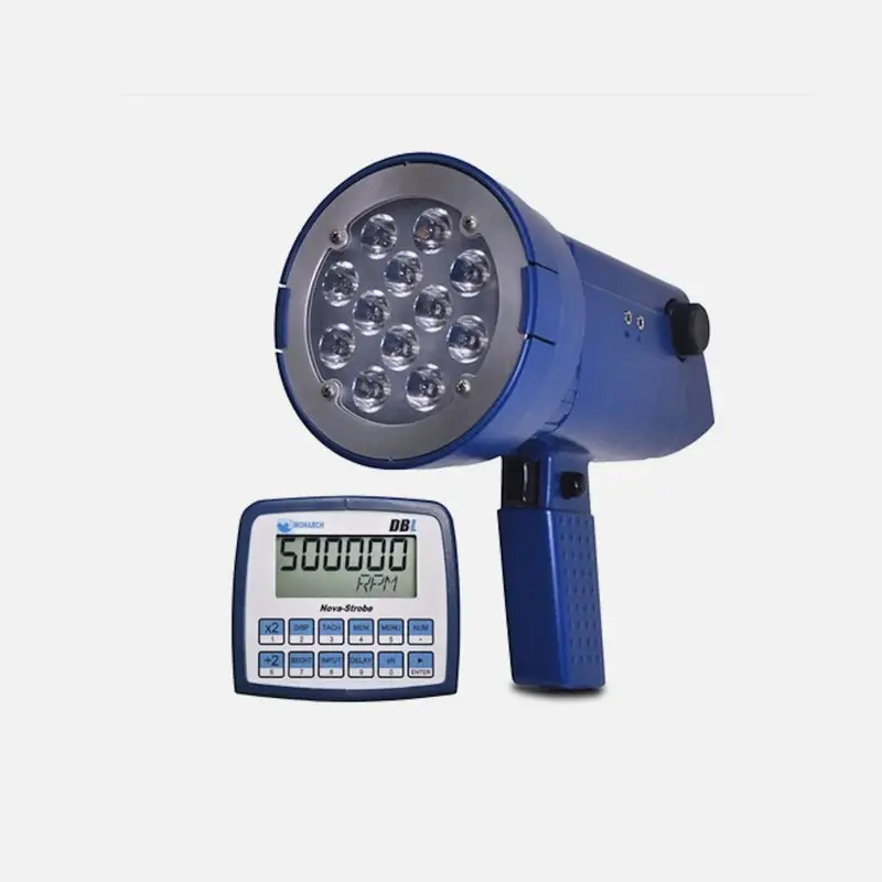 Blue handheld stroboscope with LED lights beside digital control panel displaying "500000 RPM".