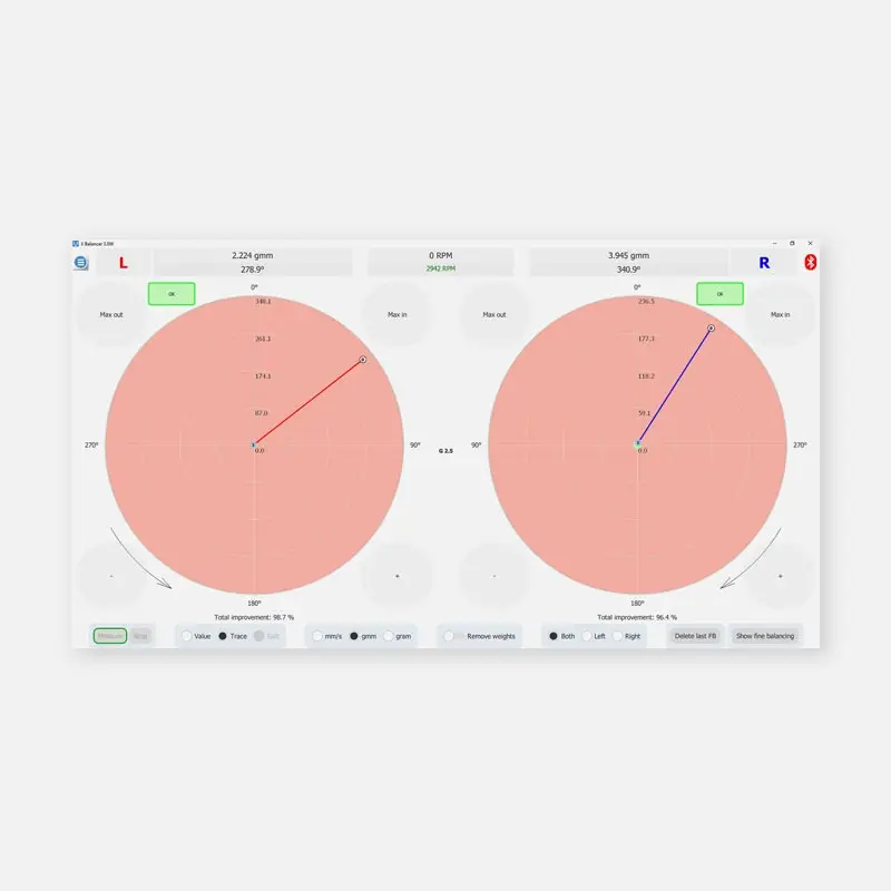 Digital interface with two red circles labeled L and R, showing tire balancing data.