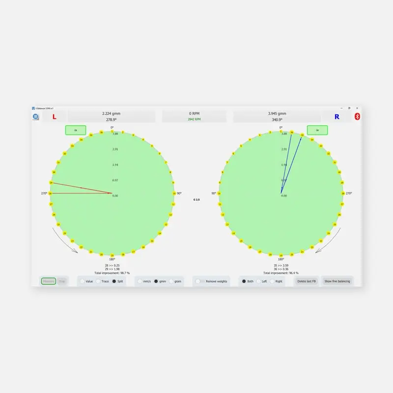 Screenshot of VMI XBalancer+ interface with two green circles labeled L and R.