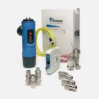 Wilcoxon sensors, blue cylindrical sensor, yellow cable, white module on white background.