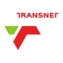 Transnet logo with red text and geometric red and green shapes on black background
