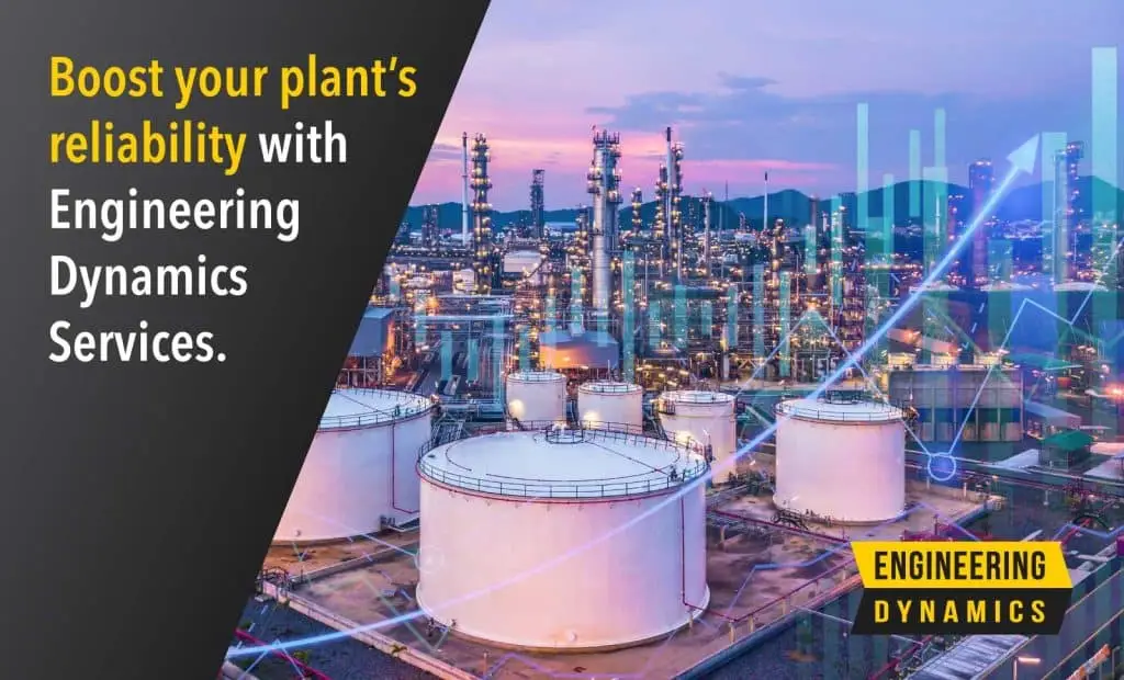 Industrial plant at sunset with storage tanks, towers, and text promoting reliability services.