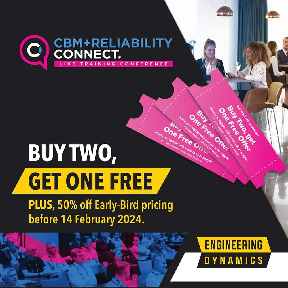 Promotional graphic for CBM+Reliability Connect Conference with pink tickets and discount offers.
