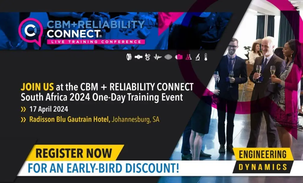 Promotional banner for CBM+Reliability Connect South Africa 2024 event, networking scene.