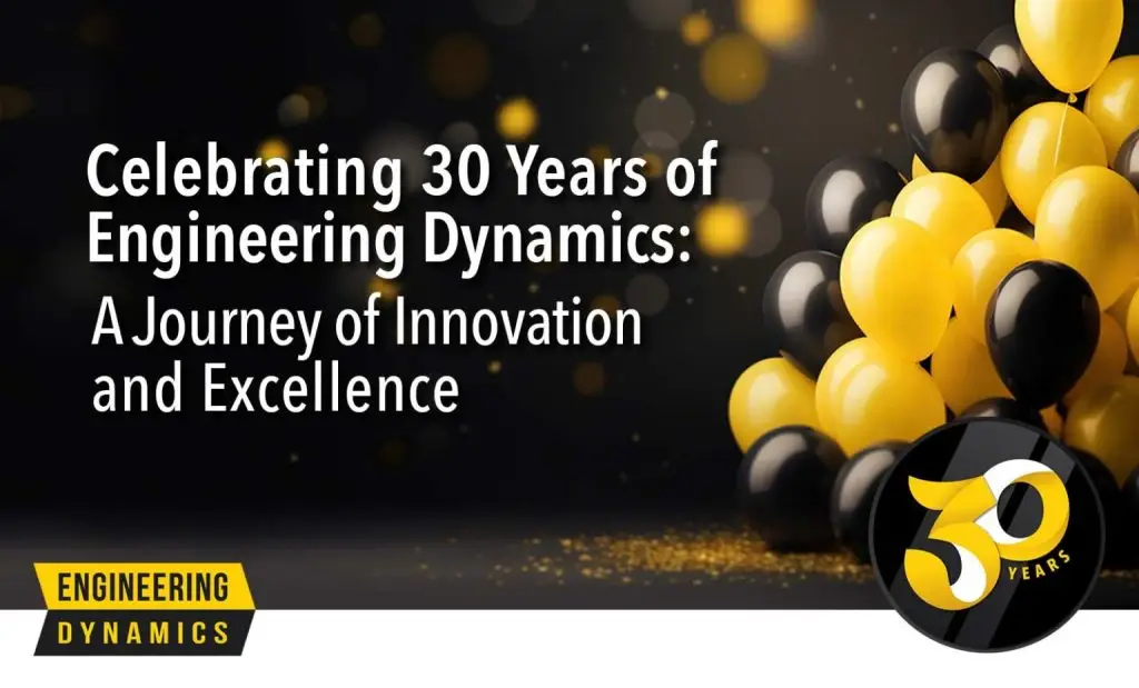 Graphic with black and yellow balloons, gold confetti, and text celebrating 30 years.