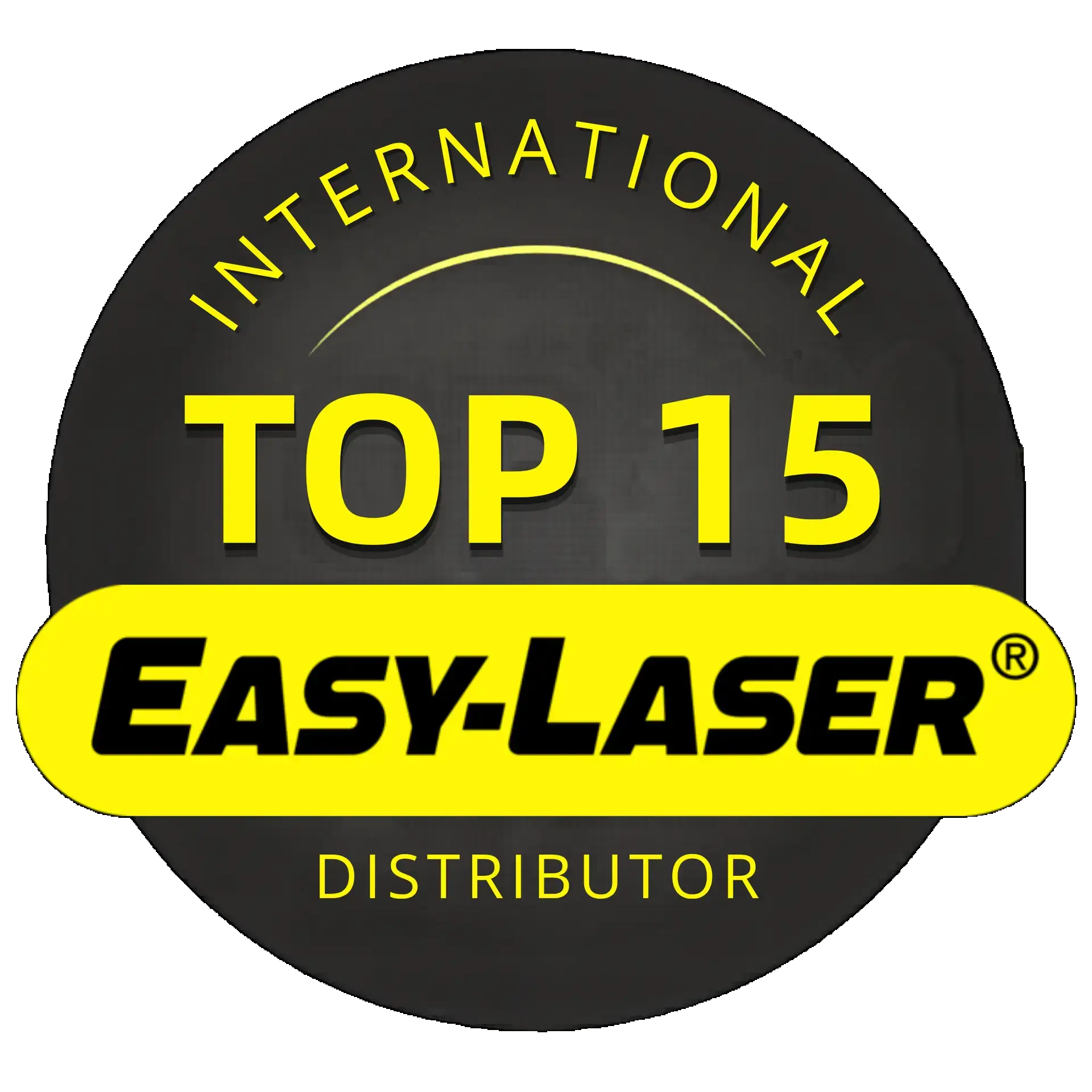 Circular badge with "International Top 15 Easy-Laser Distributor" in yellow text.