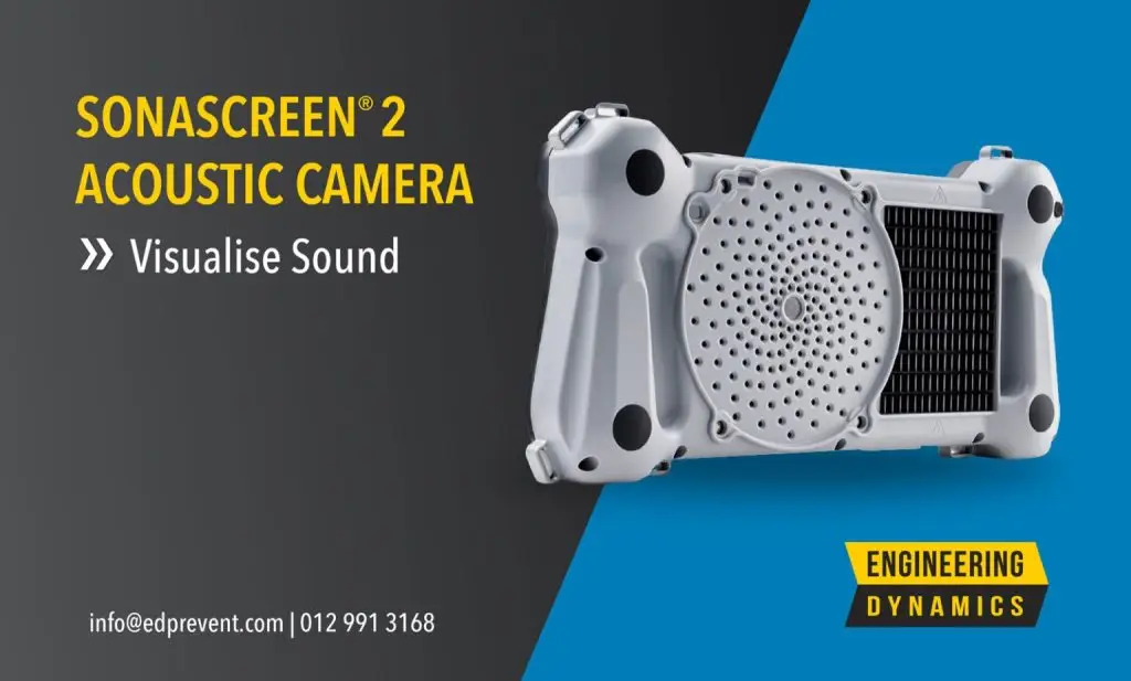 Sonascreen 2 acoustic camera on black and blue background with text and branding.