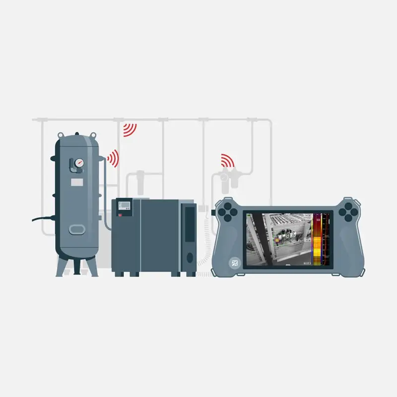 Illustration of industrial equipment connected to SONASCREEN®2 controller displaying testing data.