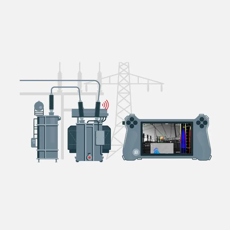 Illustration of electrical transformers connected to handheld device displaying SONASCREEN®2 data.