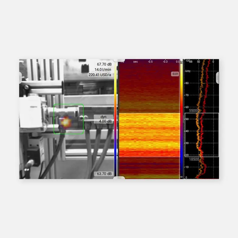 Split-screen showing machine with heat map and Sonotec SONASCREEN®2 spectrogram.