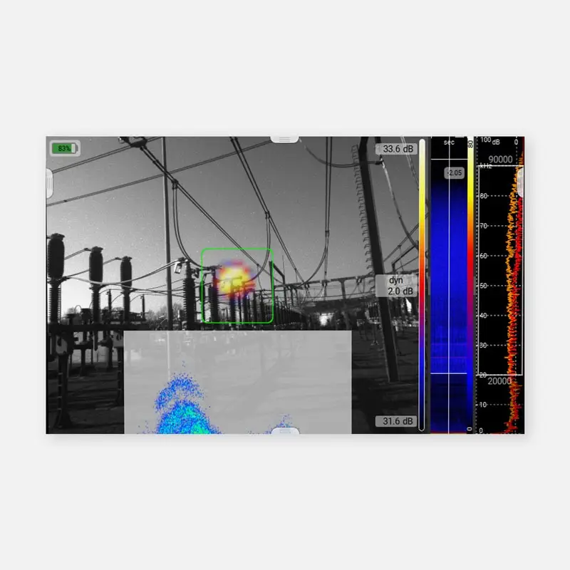Thermal imaging screen of electrical substation with heat spots and data graphs.