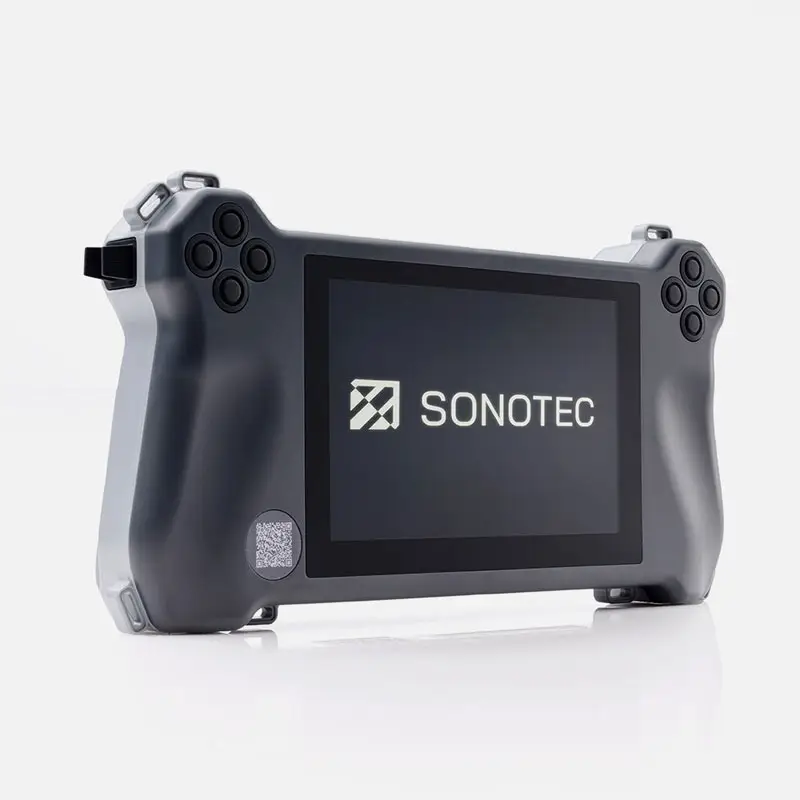 Handheld Sonotec SONASCREEN®2 device with touchscreen and black buttons on white background.
