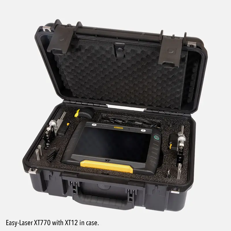 Easy-Laser XT770 and XT12 in black foam-padded carrying case with accessories.