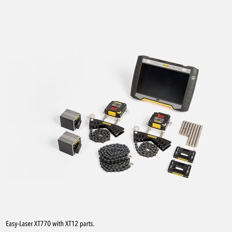 Easy-Laser XT770 components on white background, including control unit and sensors.