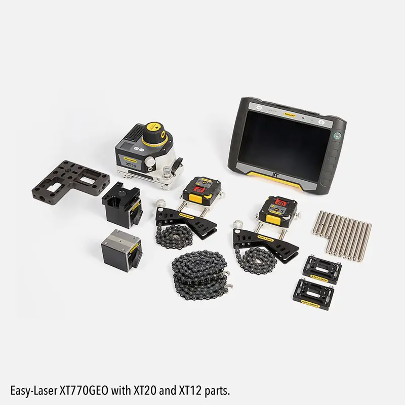 Easy-Laser XT770GEO alignment system components on white background, including control unit and sensors.
