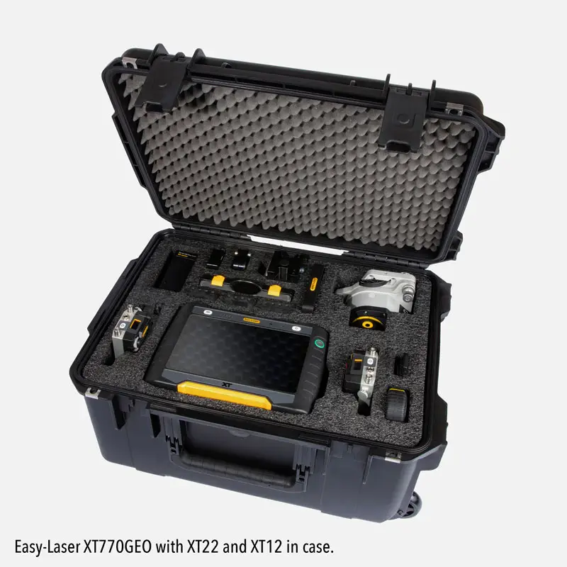 Open black carrying case with Easy-Laser XT770GEO, XT22, and XT12 units inside.