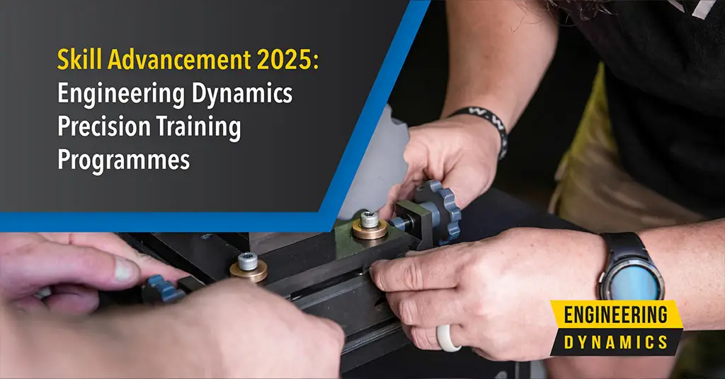 Two people adjust mechanical components; banner reads "Skill Advancement 2025: Engineering Dynamics."