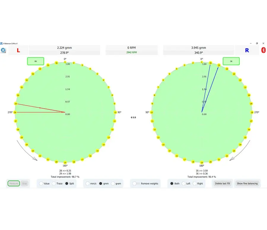 Screenshot of balancing software with two green circular diagrams and imbalance angles.