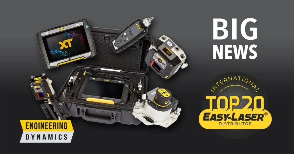 Case with Easy-Laser tools, "BIG NEWS," "TOP 20 Easy-Laser Distributors," Engineering Dynamics logo.