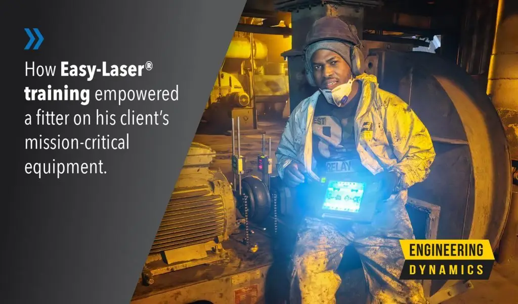 Technician using Easy‑Laser® equipment in industrial setting, text overlay on left.