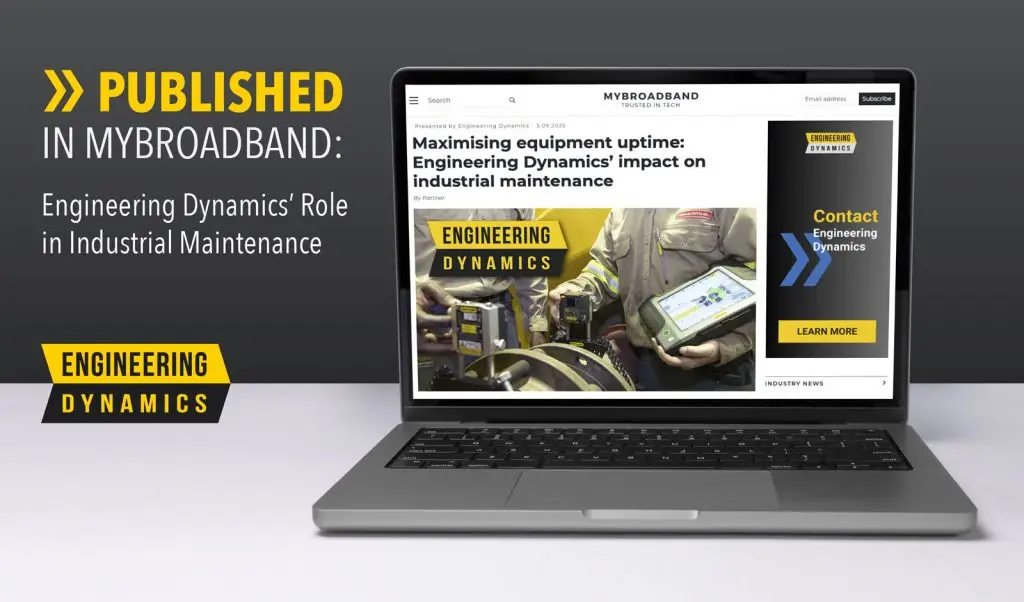 Laptop displaying MyBroadband article on Engineering Dynamics' industrial maintenance impact.