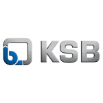 “KSB logo with stylized metallic square and blue curved element”