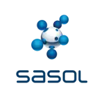 Sasol logo with blue spheres orbiting a central white sphere, text below.