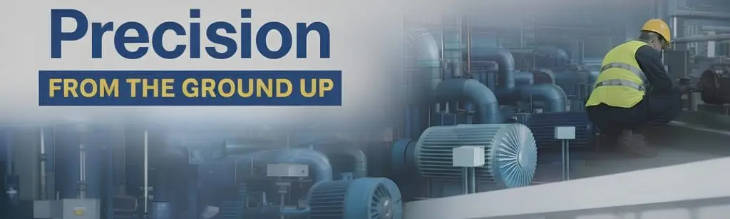 Industrial machinery with worker in yellow helmet, text reads "Precision FROM THE GROUND UP."